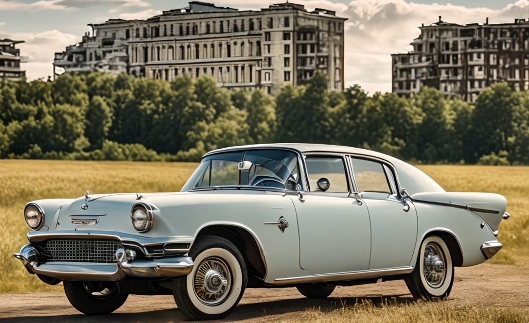 классический ретро-автомобиль светлого цвета из 1960-х годов стоит на фоне поля с зелёными деревьями и несколькими заброшенными или полуразрушенными зданиями.