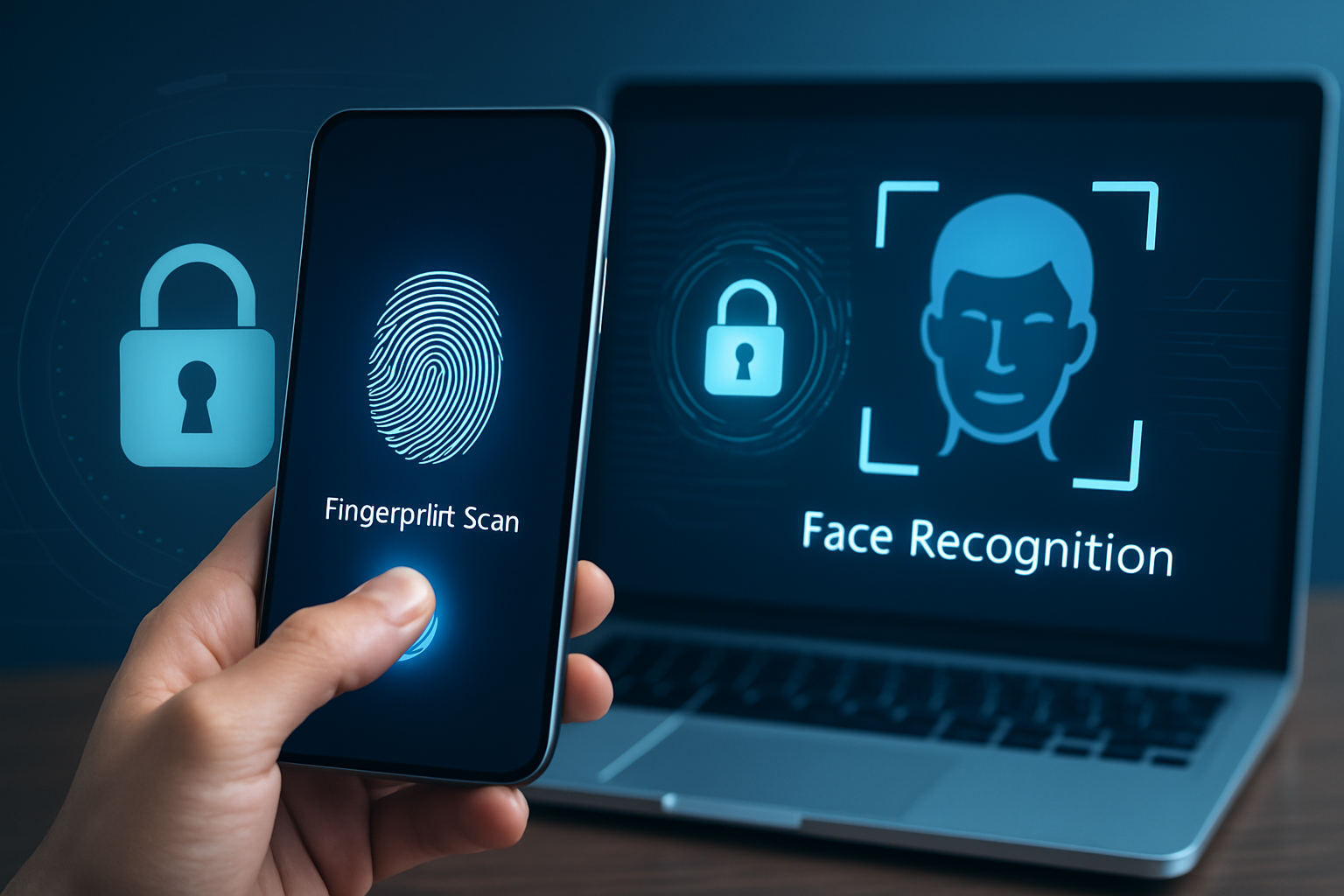 Изображение смартфона или ноутбука с интерфейсом сканирования отпечатка пальца или лица, дополненное элементами цифрового замка и символами безопасности.